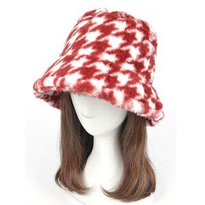 BNWT Brand New Houndstooth Print Faux Fur Bucket Hat